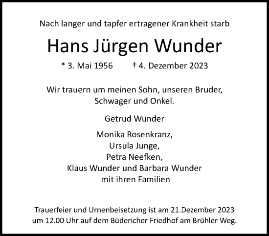 Traueranzeige von Hans Jürgen Wunder von trauer.extra-tipp-moenchengladbach.de