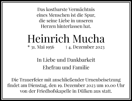 Traueranzeige von Heinrich Mucha von trauer.extra-tipp-moenchengladbach.de