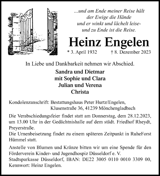 Traueranzeige von Heinz Engelen von trauer.extra-tipp-moenchengladbach.de