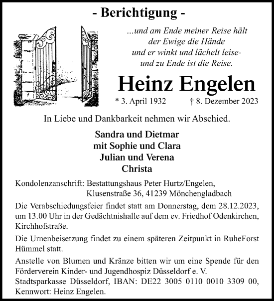 Traueranzeige von Heinz Engelen von trauer.extra-tipp-moenchengladbach.de