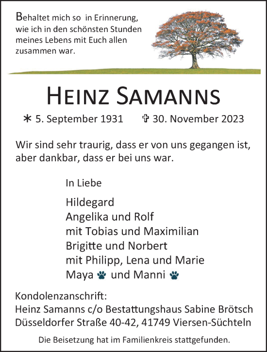 Traueranzeige von Heinz Samanns von trauer.extra-tipp-moenchengladbach.de