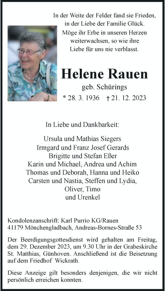 Traueranzeige von Helene Rauen von trauer.extra-tipp-moenchengladbach.de