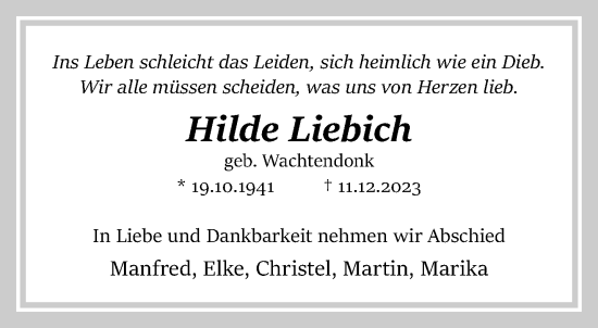 Traueranzeige von Hilde Liebich von trauer.extra-tipp-moenchengladbach.de