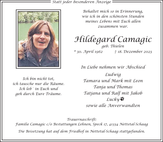 Traueranzeige von Hildegard Camagic von trauer.extra-tipp-moenchengladbach.de