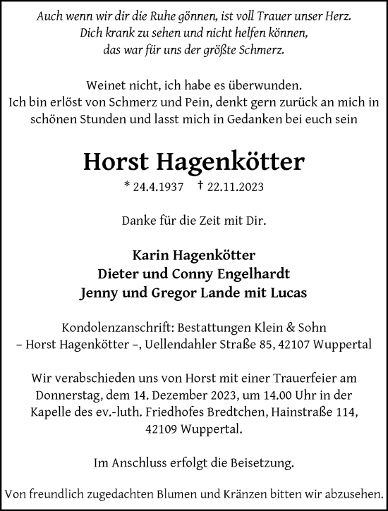 Traueranzeige von Horst Hagenkötter von trauer.wuppertaler-rundschau.de