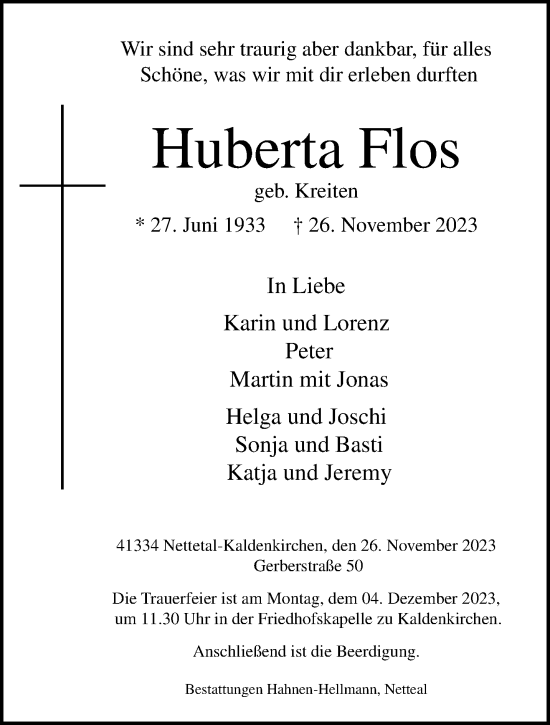 Traueranzeige von Huberta Flos von trauer.extra-tipp-moenchengladbach.de