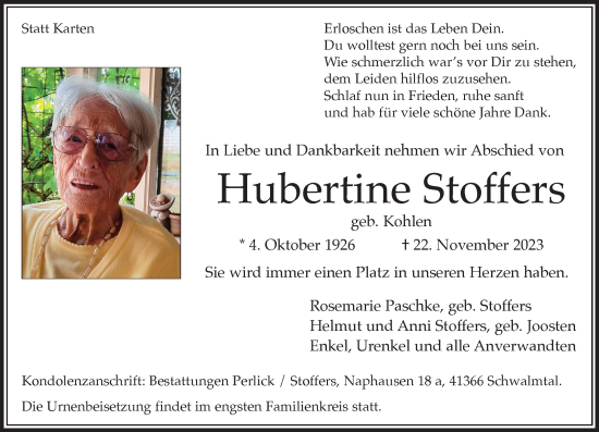 Traueranzeige von Hubertine Stoffers von trauer.extra-tipp-moenchengladbach.de