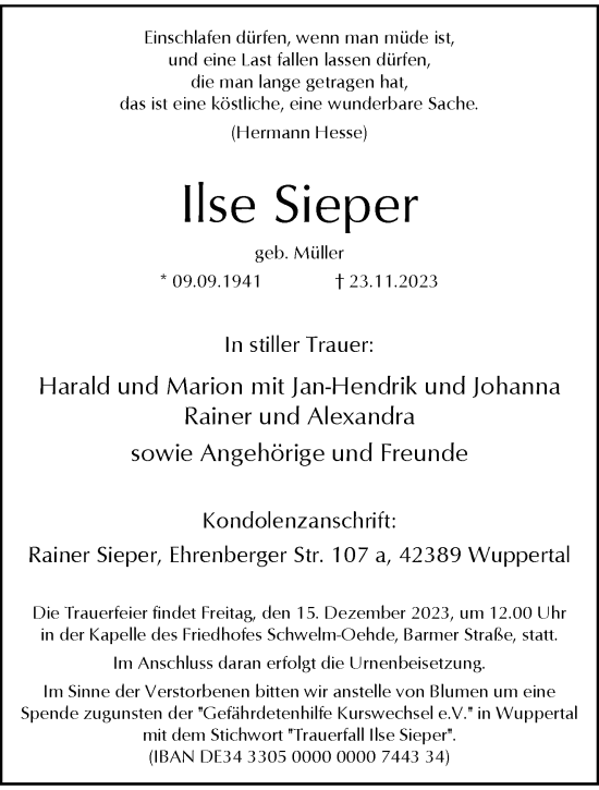 Traueranzeige von Ilse Sieper von trauer.wuppertaler-rundschau.de