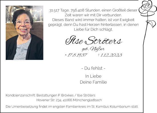 Traueranzeige von Ilse Ströters von trauer.extra-tipp-moenchengladbach.de