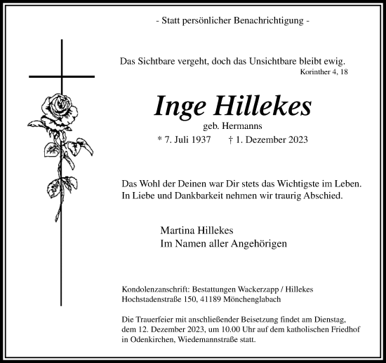 Traueranzeige von Inge Hillekes von trauer.extra-tipp-moenchengladbach.de