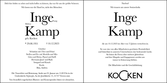 Traueranzeige von Inge Kamp von trauer.extra-tipp-moenchengladbach.de