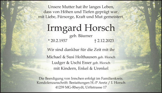 Traueranzeige von Irmgard Horsch von trauer.extra-tipp-moenchengladbach.de