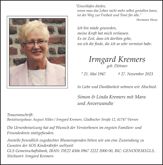 Traueranzeige von Irmgard Kremers von trauer.extra-tipp-moenchengladbach.de