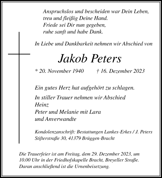 Traueranzeige von Jakob Peters von trauer.extra-tipp-moenchengladbach.de