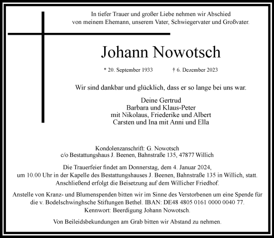 Traueranzeige von Johann Nowotsch von trauer.extra-tipp-moenchengladbach.de