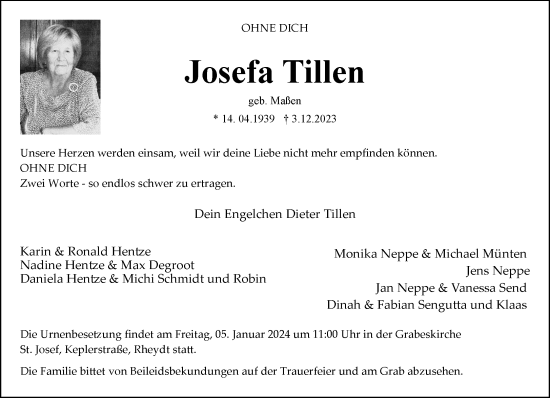 Traueranzeige von Josefa Tillen von trauer.extra-tipp-moenchengladbach.de