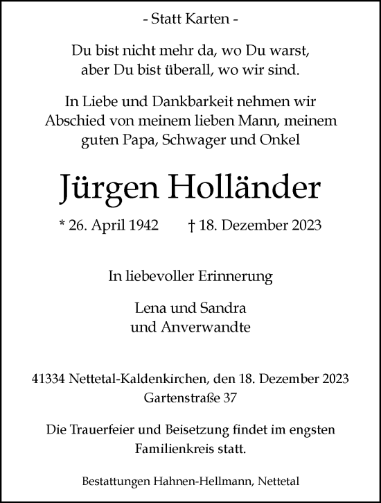 Traueranzeige von Jürgen Holländer von trauer.extra-tipp-moenchengladbach.de