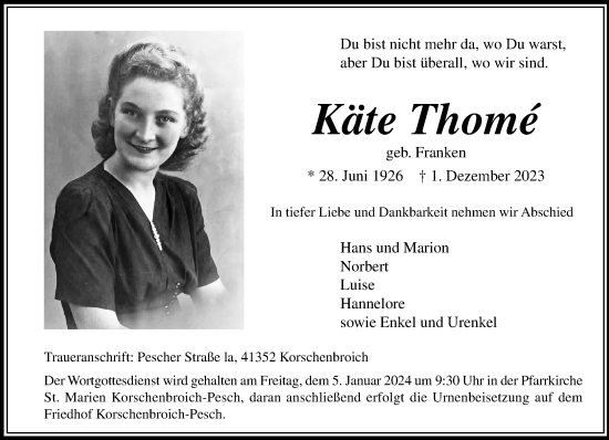 Traueranzeige von Käte Thome von trauer.extra-tipp-moenchengladbach.de