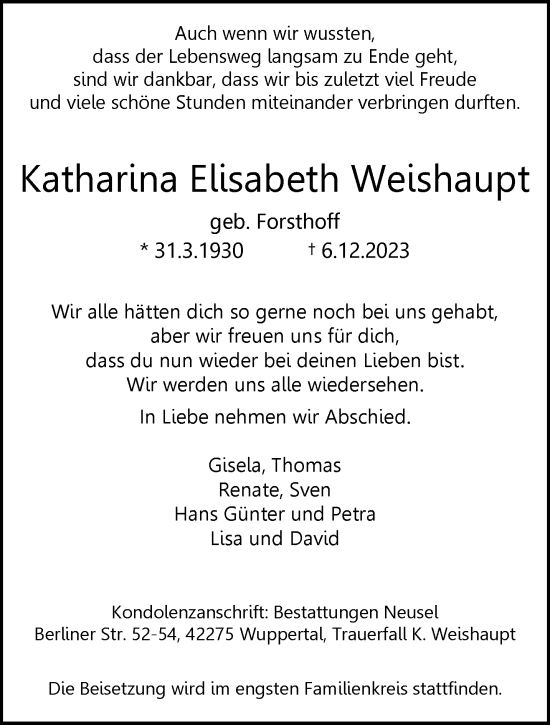 Traueranzeige von Katharina Elisabeth Weishaupt von trauer.wuppertaler-rundschau.de