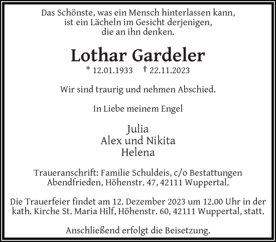 Traueranzeige von Lothar Gardeler von trauer.wuppertaler-rundschau.de