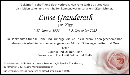 Traueranzeige von Luise Granderath von trauer.extra-tipp-moenchengladbach.de