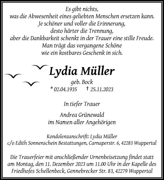 Traueranzeige von Lydia Müller von trauer.wuppertaler-rundschau.de