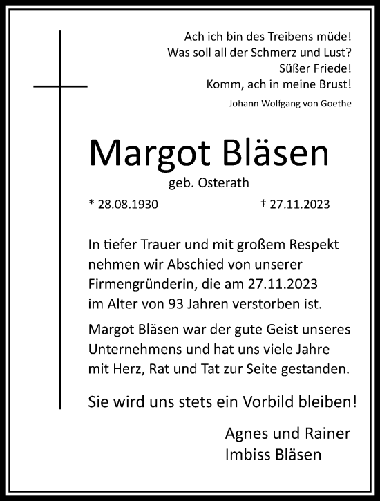 Traueranzeige von Margot Bläsen von trauer.extra-tipp-moenchengladbach.de