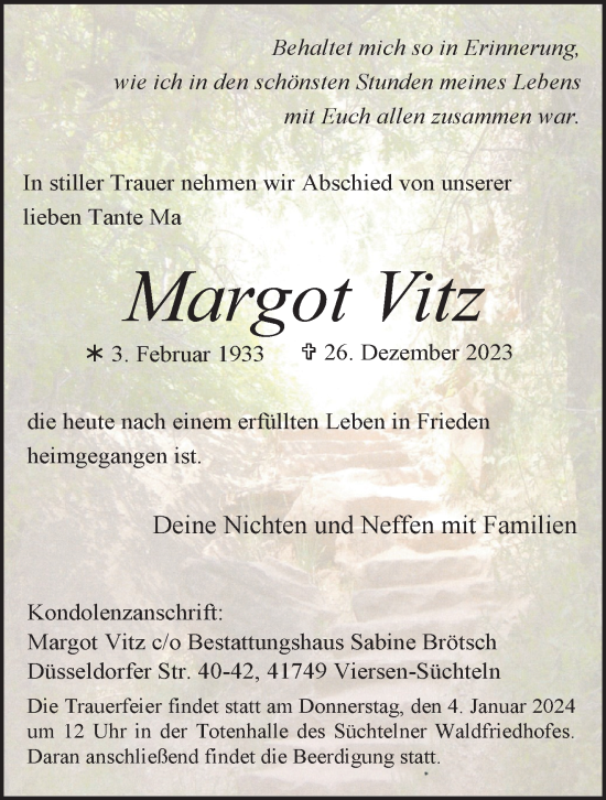 Traueranzeige von Margot Vitz von trauer.extra-tipp-moenchengladbach.de