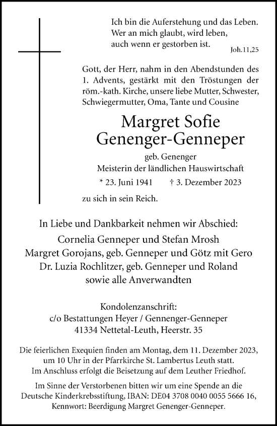 Traueranzeige von Margret Sofie Genenger-Genneper von trauer.extra-tipp-moenchengladbach.de