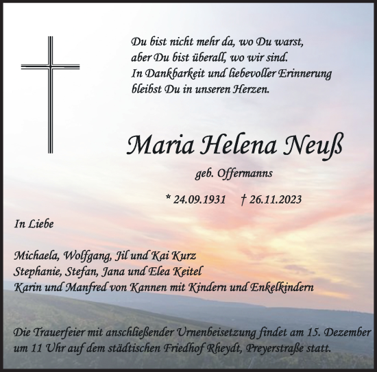 Traueranzeige von Maria Helena Neuß von trauer.extra-tipp-moenchengladbach.de