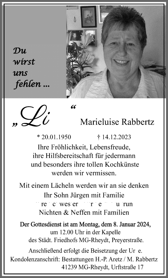 Traueranzeige von Marieluise Rabbertz von trauer.extra-tipp-moenchengladbach.de