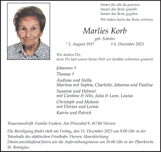 Traueranzeige von Marlies Korb von trauer.extra-tipp-moenchengladbach.de