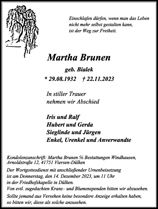 Traueranzeige von Martha Brunen von trauer.extra-tipp-moenchengladbach.de