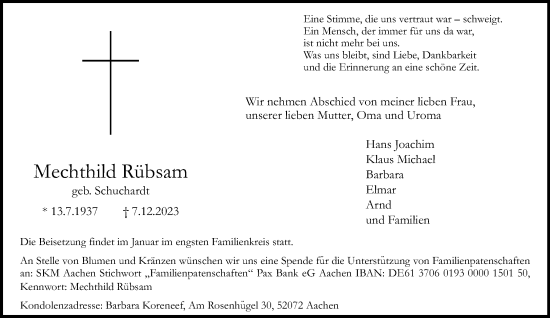 Traueranzeige von Mechthild Rübsam von trauer.extra-tipp-moenchengladbach.de