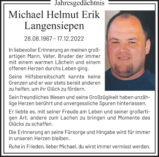 Traueranzeige von Michael Helmut Erik Langensiepen von trauer.extra-tipp-moenchengladbach.de