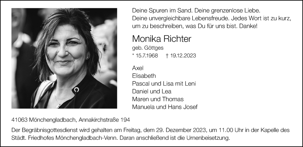  Traueranzeige für Monika Richter vom 24.12.2023 aus trauer.extra-tipp-moenchengladbach.de