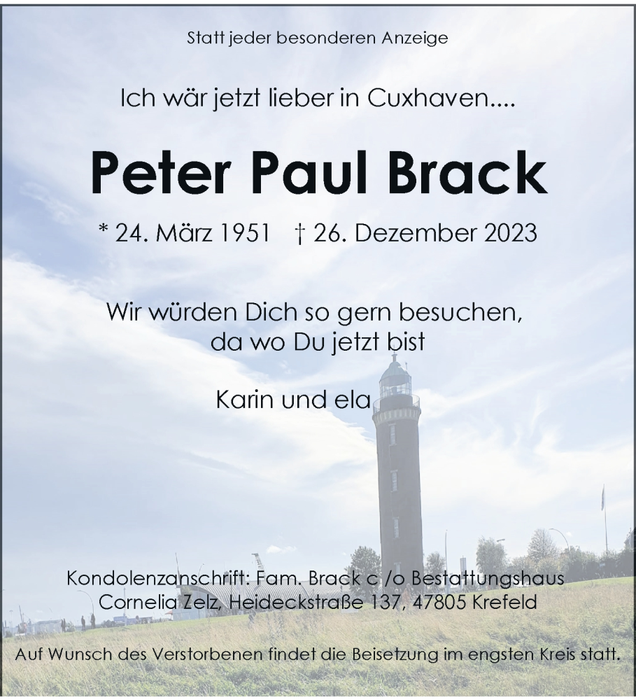  Traueranzeige für Peter Paul Brack vom 31.12.2023 aus trauer.extra-tipp-moenchengladbach.de