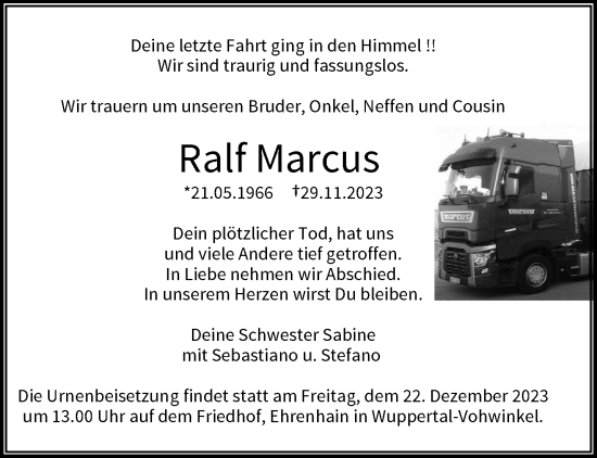 Traueranzeige von Ralf Marcus von trauer.wuppertaler-rundschau.de