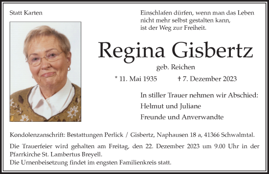 Traueranzeige von Regina Gisbertz von trauer.extra-tipp-moenchengladbach.de