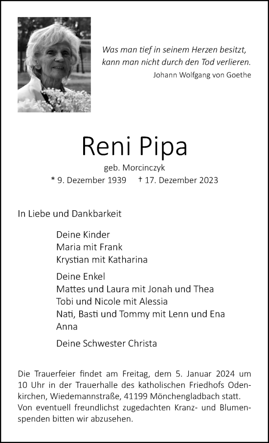 Traueranzeige von Reni Pipa von trauer.extra-tipp-moenchengladbach.de