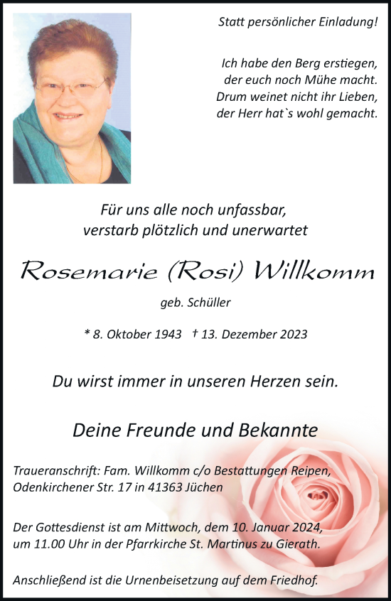 Traueranzeige von Rosemarie Willkomm von trauer.stadt-kurier.de