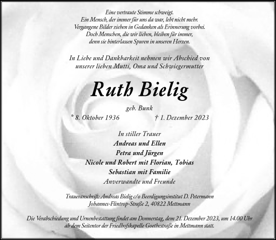 Traueranzeige von Ruth Bielig von trauer.duesseldorfer-anzeiger.de