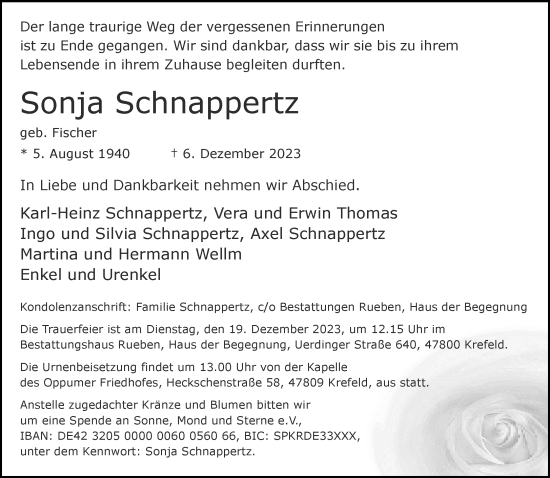 Traueranzeige von Sonja Schnappertz von trauer.extra-tipp-moenchengladbach.de