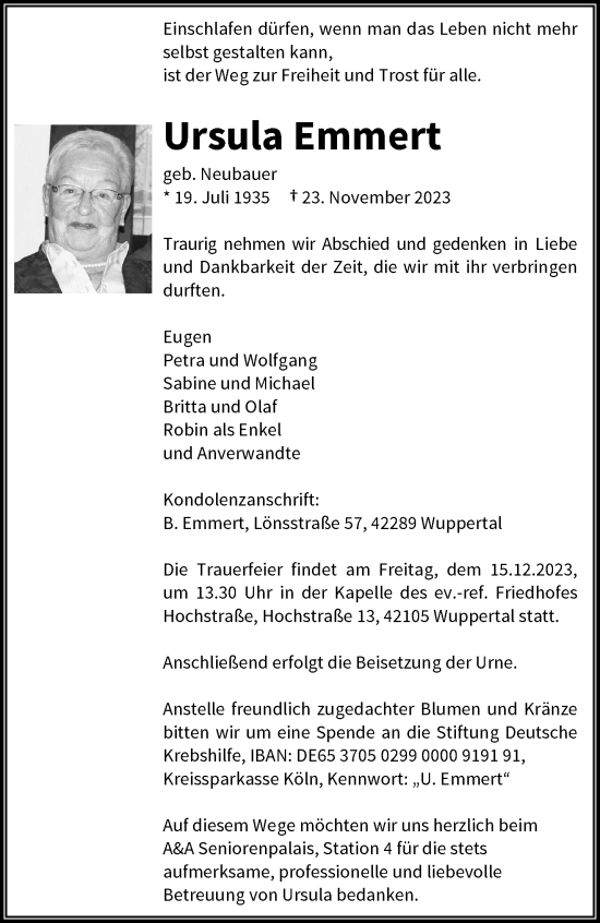 Traueranzeige von Ursula Emmert von trauer.wuppertaler-rundschau.de