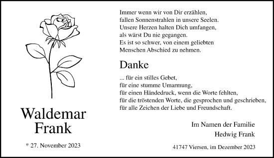 Traueranzeige von Waldemar Frank von trauer.extra-tipp-moenchengladbach.de