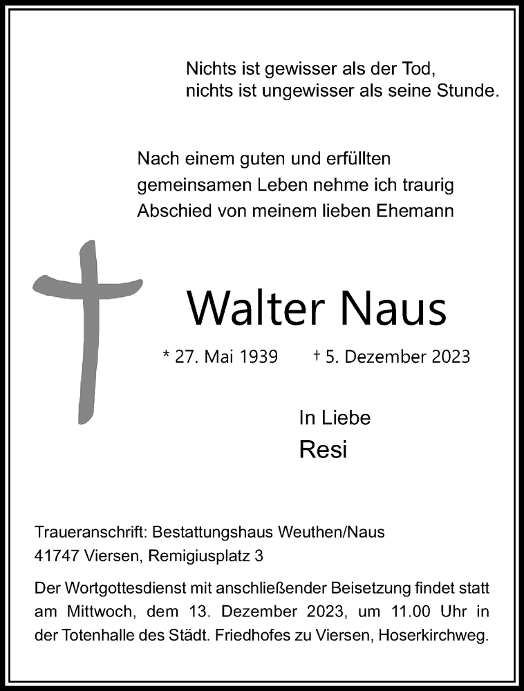  Traueranzeige für Walter Naus vom 10.12.2023 aus trauer.extra-tipp-moenchengladbach.de