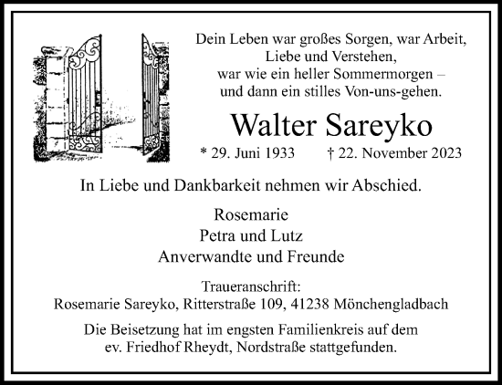 Traueranzeige von Walter Sareyko von trauer.extra-tipp-moenchengladbach.de