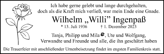 Traueranzeige von Wilhelm Ingenpaß von trauer.extra-tipp-moenchengladbach.de