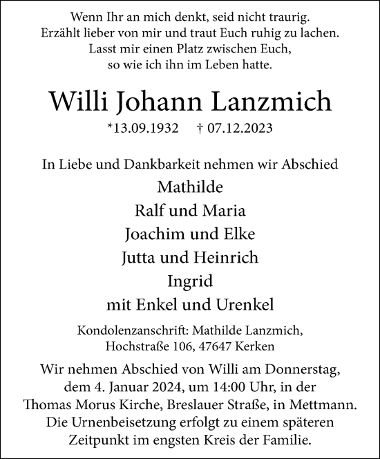 Traueranzeige von Willi Johann Lanzmich von trauer.duesseldorfer-anzeiger.de