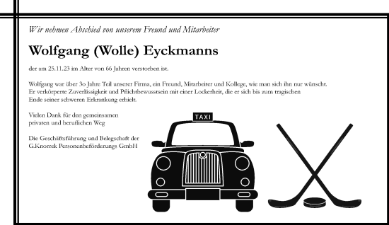Traueranzeige von Wolfgang Eyckmanns von trauer.extra-tipp-moenchengladbach.de